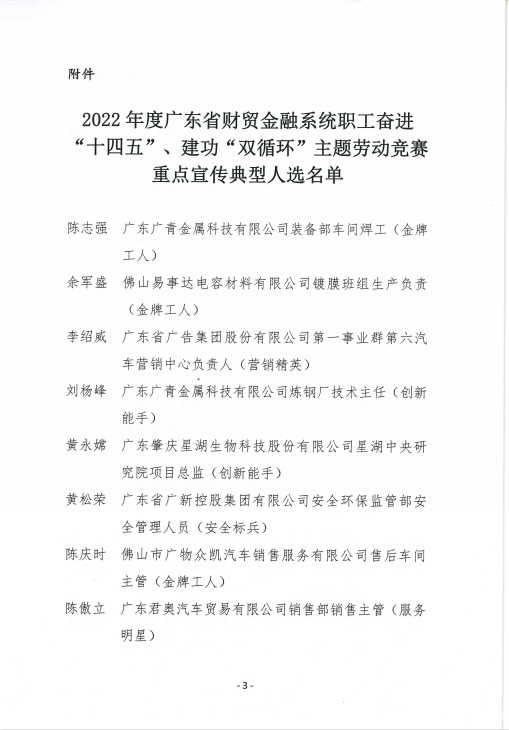 BG大游集团6名职工入选“2022年度广东省财贸金融系统职工奋进‘十四五’、建功‘双循环’主题劳动竞赛重点宣传典型人选”名单